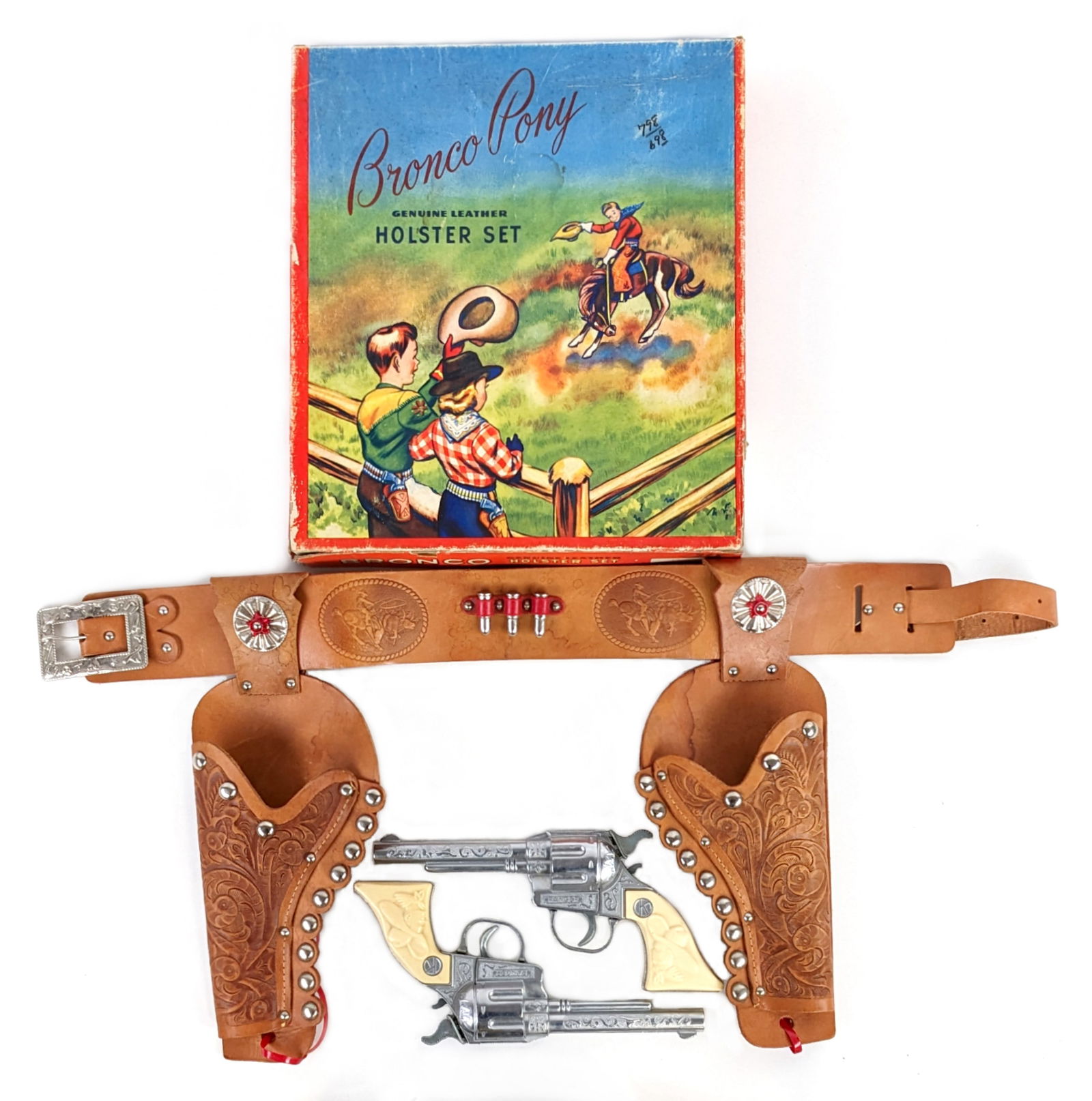 Bronco Pony Genuine Leather Holster Set w/ Kilgore Ranger Cap Guns In Box (1 of 20)