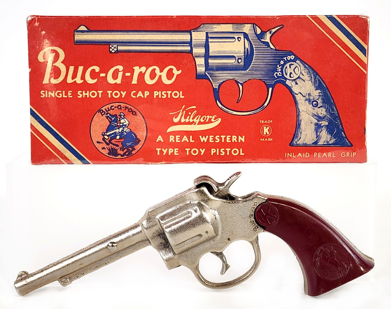 Kilgore Buc-a-roo Cap Gun Pistol w/ Box: Kilgore Buc-a-roo cap gun pistol with the original box. The cap gun is in very good working condition. The box was wrapped in plastic wrap to help preserve it. Overall a very nice example of this cap