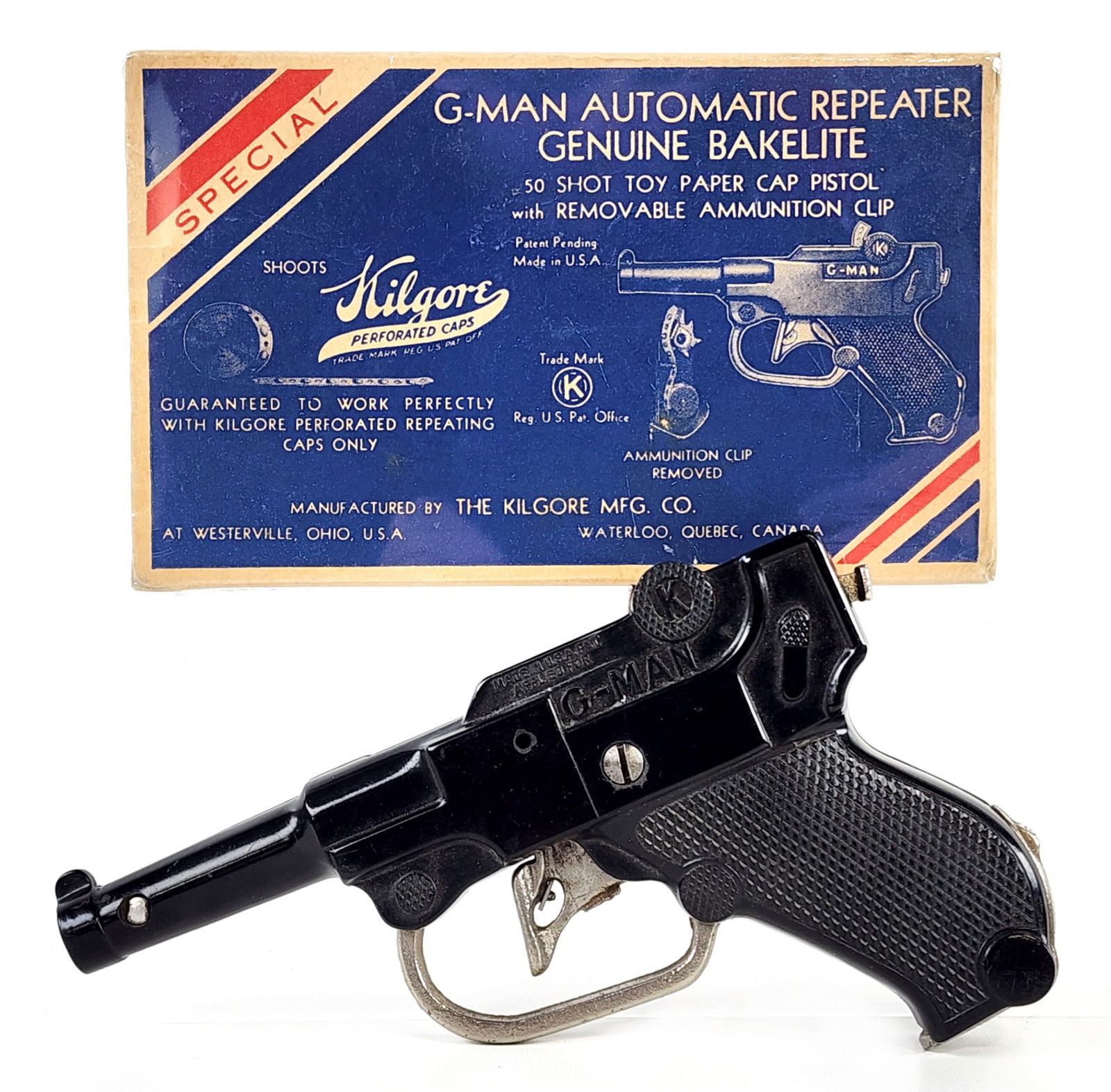 Kilgore G-Man Bakelite Cap Gun Pistol w/ Box: Kilgore G-Man automatic repeater genuine bakelite cap gun pistol with the original box. The gun is in very good working condition with light wear from use. The box was wrapped in plastic wrap to help