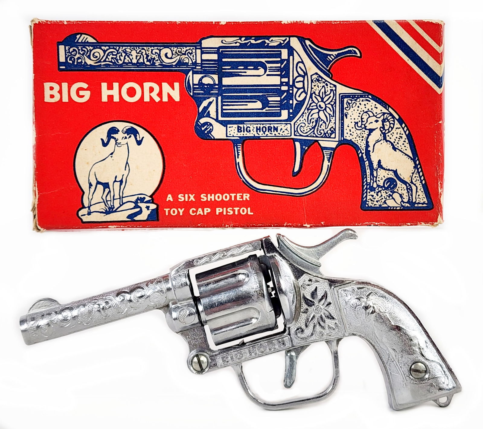 Kilgore Big Horn Six Shooter Cap Pistol w/ Box: Kilgore Big Horn six shooter revolver cap gun pistol. The gun is in excellent working condition. The box has some minor edge wear. Overall a very nice example of this cap gun. Measures 6-1/2" long.