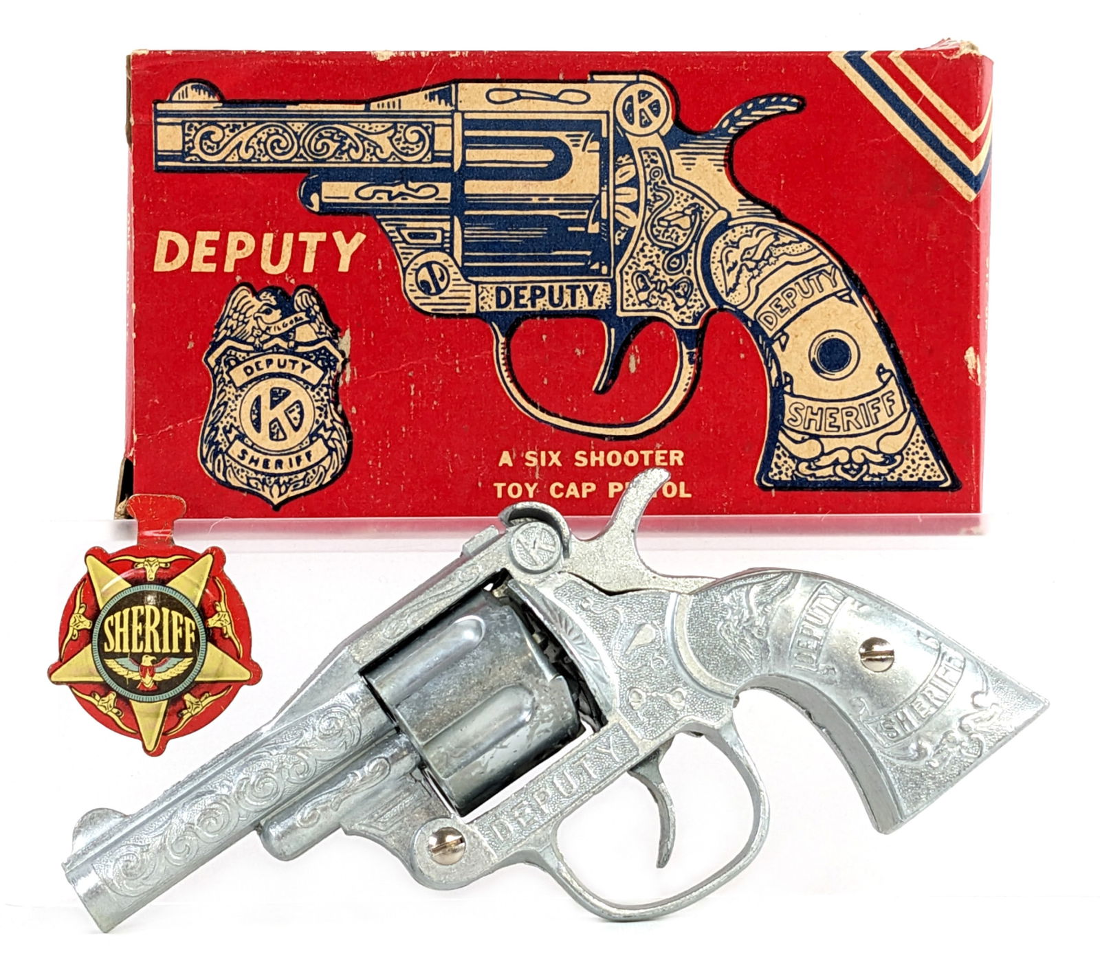 Kilgore Deputy Sheriff Cap Gun Pistol w/ Box: Kilgore Deputy six shooter cap gun pistol with the original box. It also comes with a tin Sheriff badge. The gun is in very nice condition and works. The box has creasing and shows wear / tear from ha