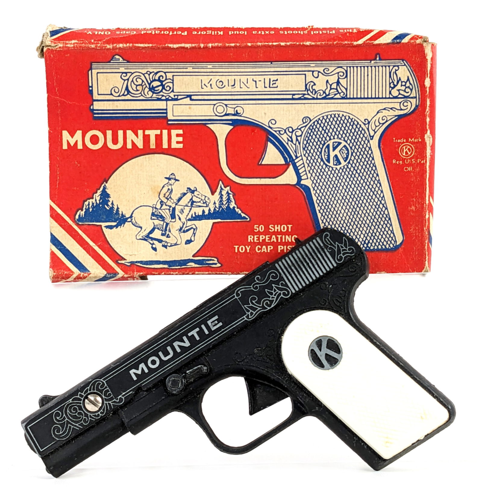Kilgore Mountie Cap Gun Pistol w/ Box: Kilgore Mountie cap gun pistol with the original box. The pistol is in very nice condition and works. The pistol has some oxidation on the one side. The box is missing all of the flaps on the one end,