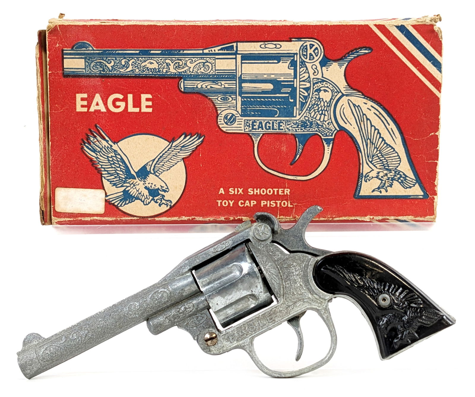 Kilgore Eagle Six Shooter Cap Gun Pistol w/ Box: Kilgore Eagle six shooter cap gun pistol with the original box. The gun is in working condition. It does have some loss the the plating and oxidation from age. The box is in rough condition. Measures