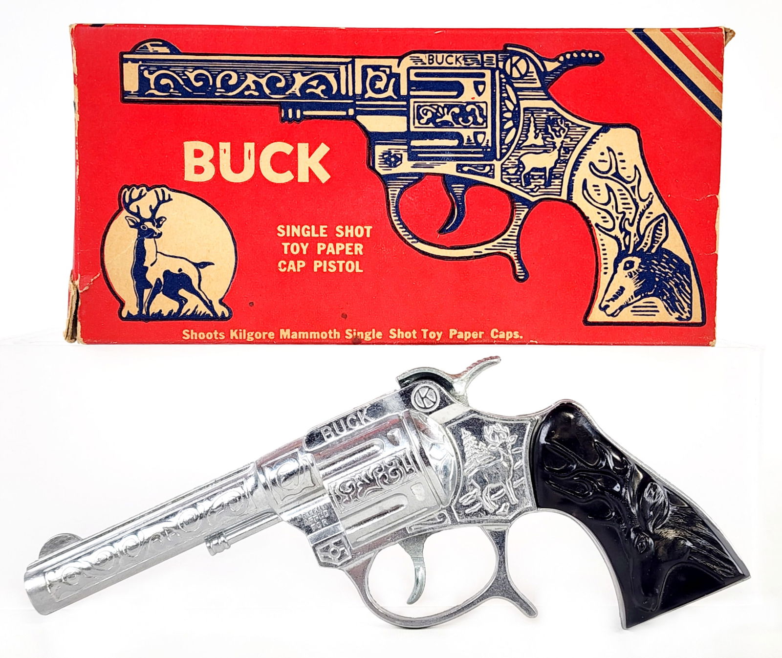 Kilgore Buck Single Shot Cap Gun Pistol w/ Box: Kilgore Buck single shot cap gun pistol with the original box. The gun is in excellent condition and works. The box is missing the end flaps, but overall is square. Measures 7" long.
