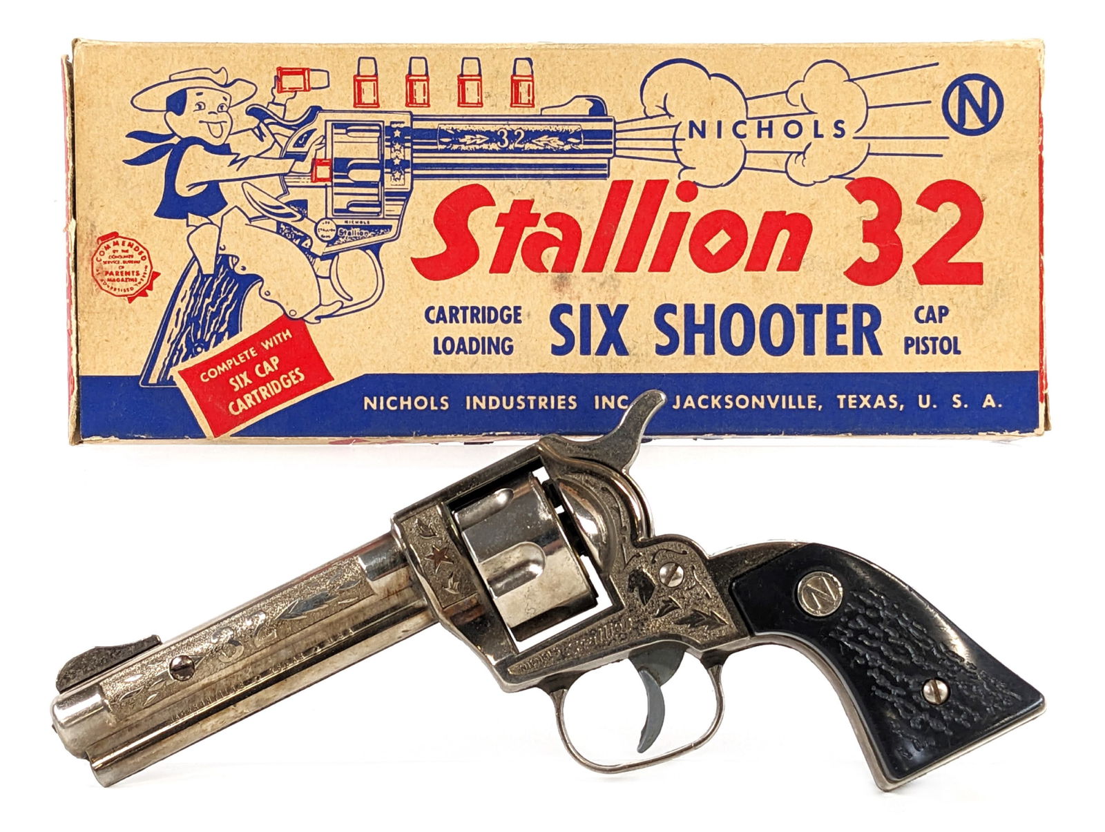 Nichols Stallion 32 Six Shooter Cap Gun Pistol w/ Box: Nichols Stallion 32 six shooter revolver cap gun pistol with the original box. The gun still has the original cap cartridges. The gun is in very good condition and works. The box has some taped flaps,