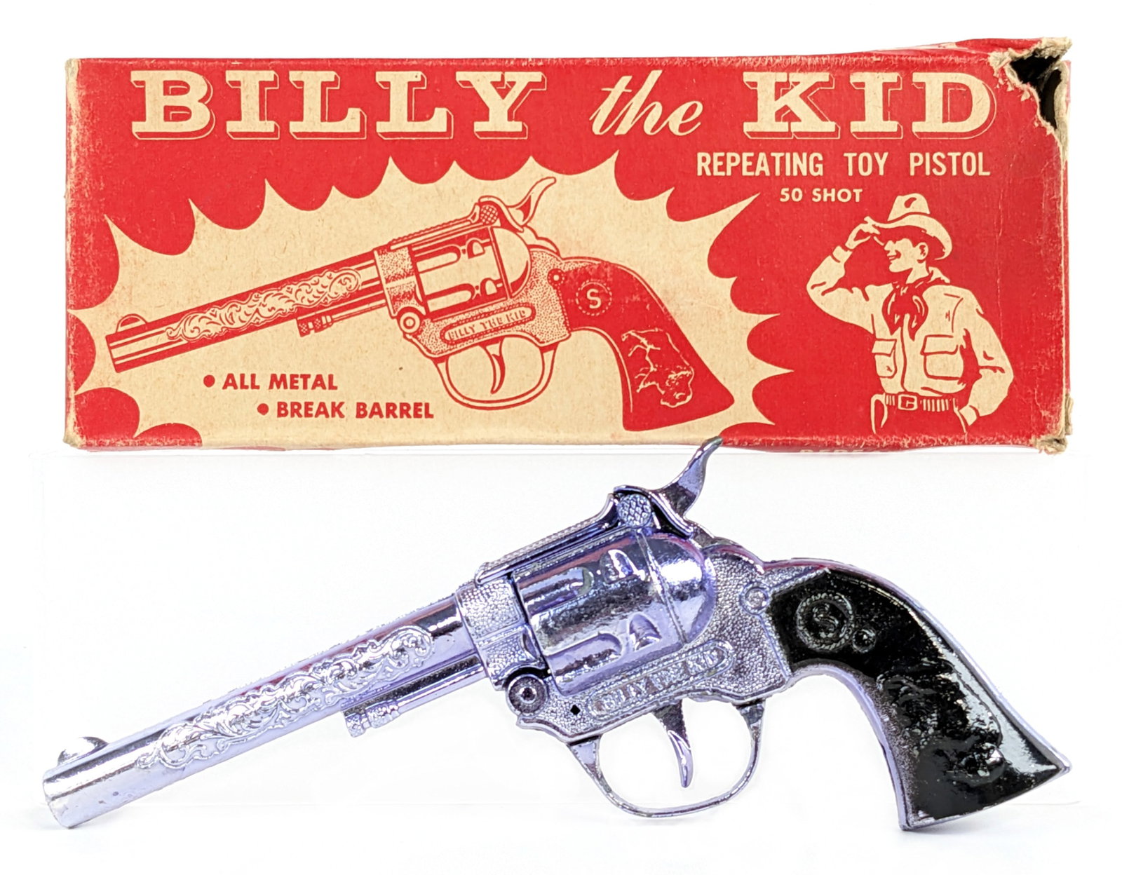 Stevens Billy The Kid 50 Shot Cap Gun Pistol w/ Box: J. & E. Stevens Billy the Kid repeating 50 shot toy cap gun pistol with box. The gun has some plating loss and wear from use / age. The box has some staining and wear / tear from age. Measures 7-1/2" 