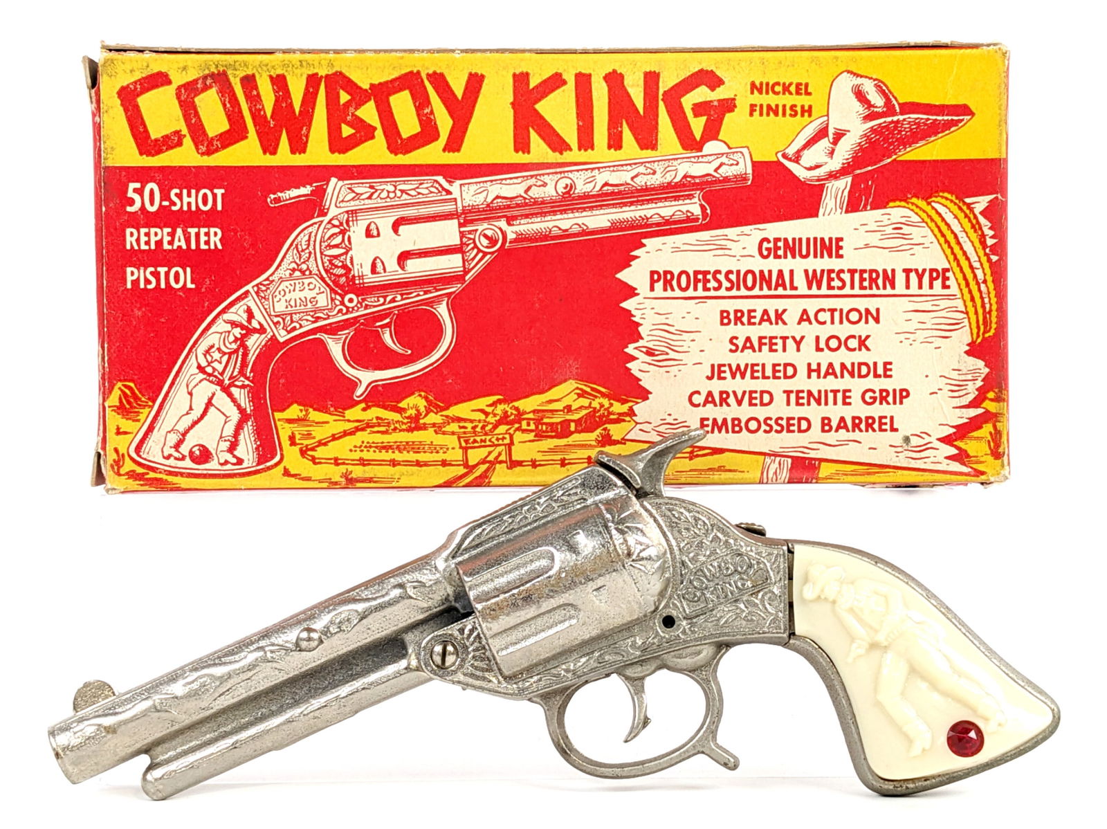 Stevens Cowboy King Cap Gun Pistol w/ Original Box: J. & E. Stevens Cowboy King 50-shot repeater cap gun pistol with the original box. The cap gun is in excellent condition. The gun works as it should. The box has one loose small flap and a couple smal