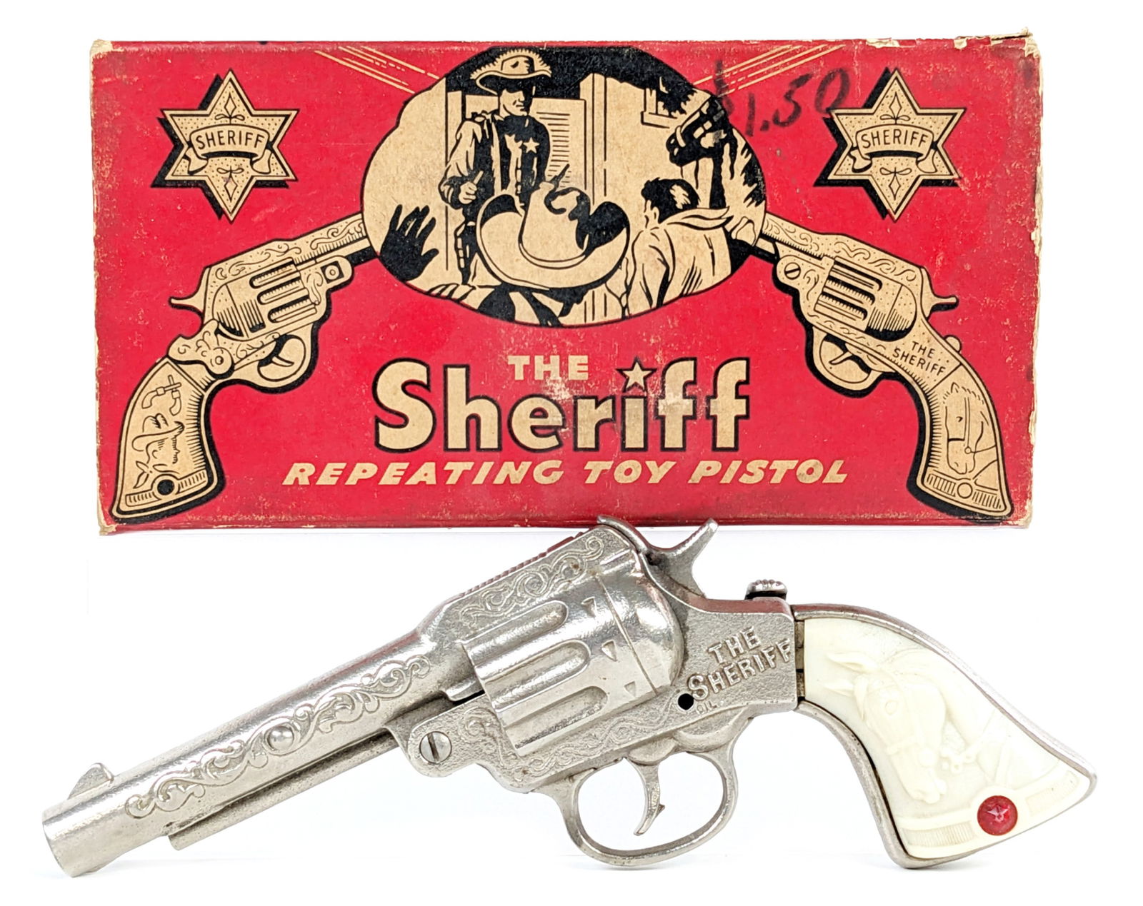 Stevens The Sheriff Cap Gun Pistol w/ Box: J. & E. Stevens "The Sheriff" repeating toy cap pistol with the original box. The cap gun is in excellent condition and works as it should. The box is missing all the flaps on the one end and two smal