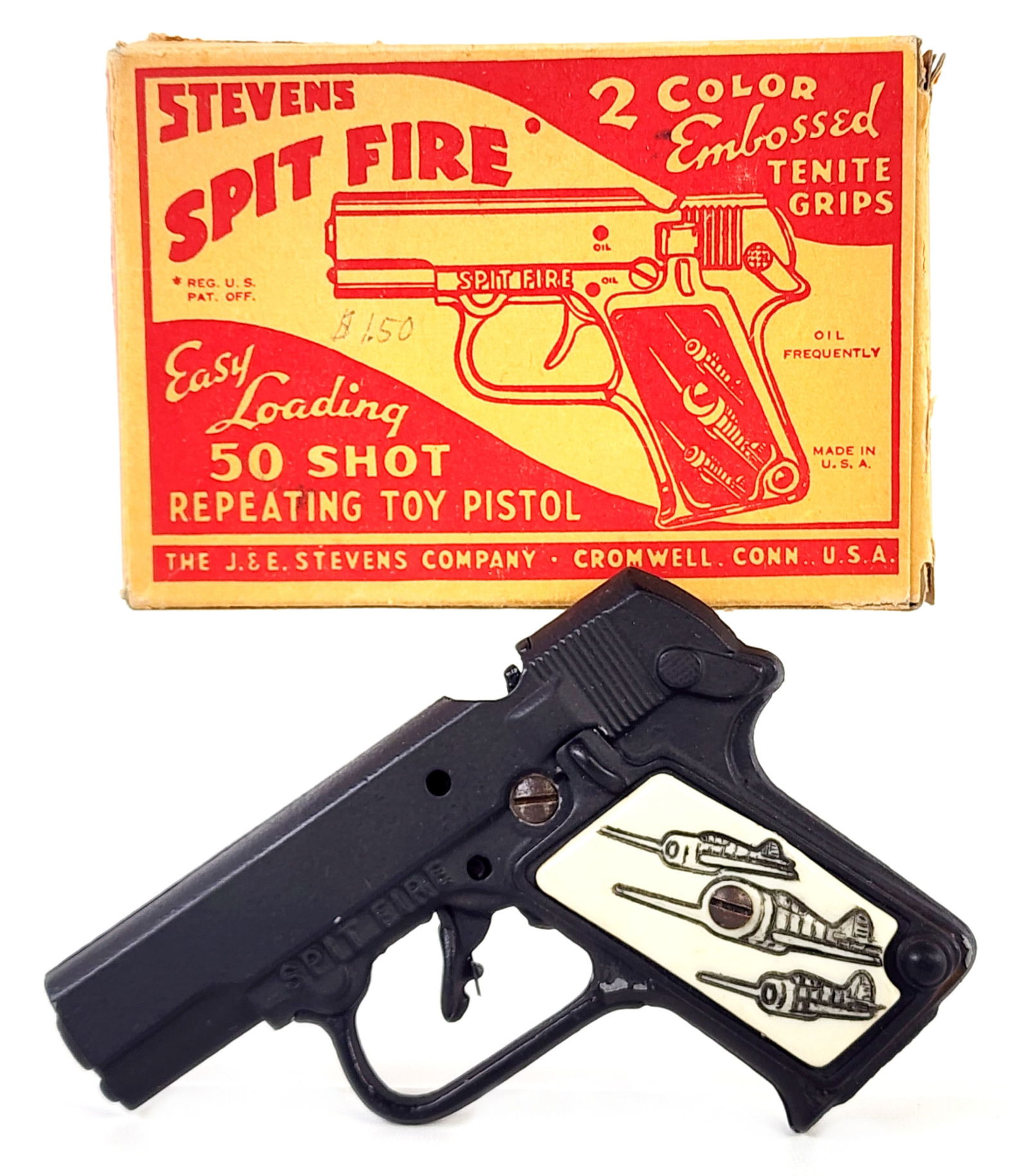 Stevens Spit Fire Cap Gun Pistol w/ Box: J. & E. Stevens Spit Fire cap gun pistol with the original box. The gun appears to be in working order. It does have a couple minor paint chips. The box has two loose small flaps and light wear from a
