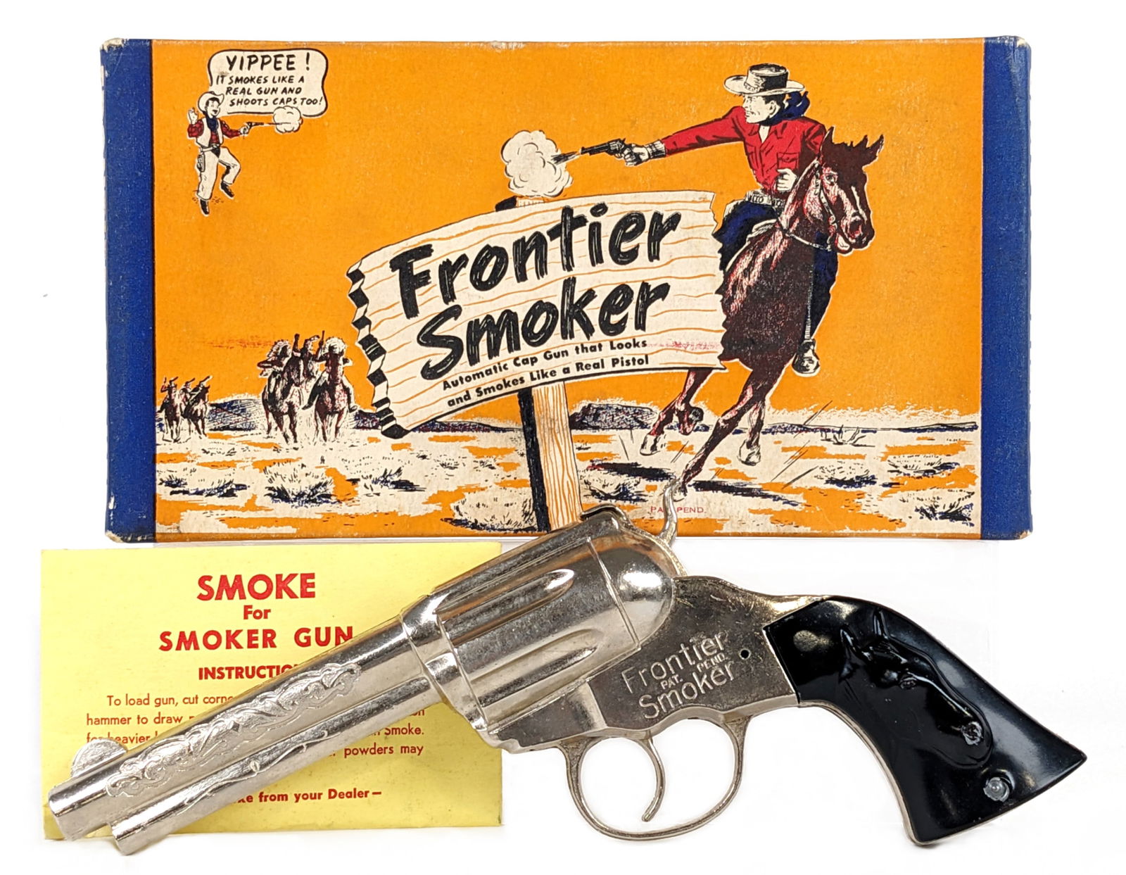 Product Engineering Co. Frontier Smoker Cap Gun Pistol w/ Box: Product Engineering Co. Frontier Smoker cap gun pistol with the original box. It also comes with the packet of "smoke" and instruction sheet. The gun is in excellent unfired condition and works as it