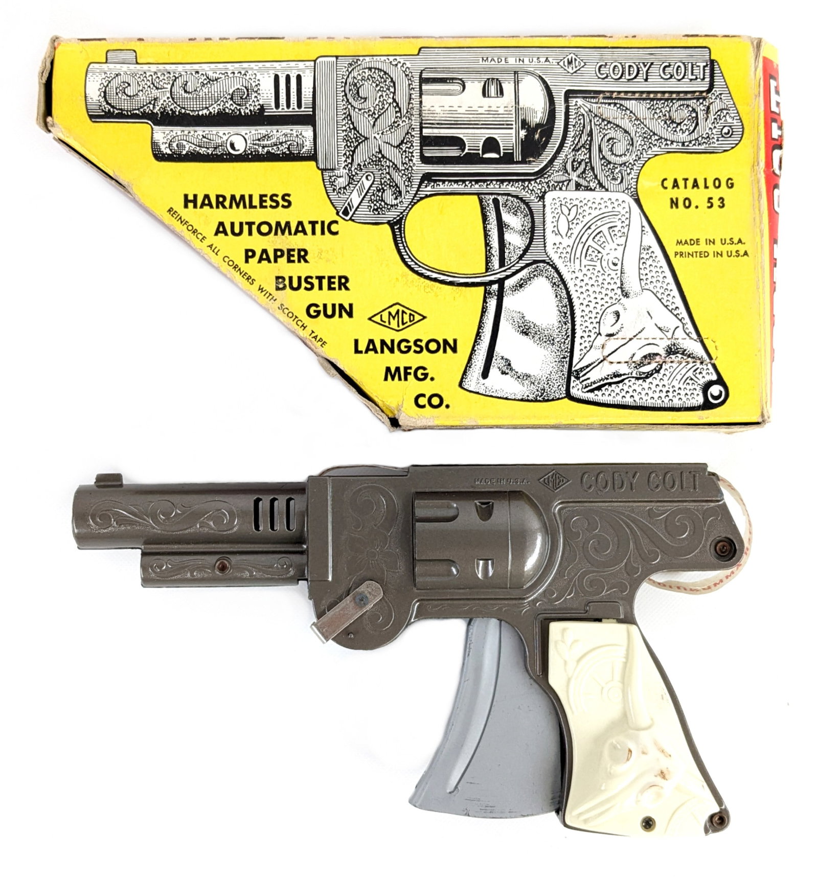 Langson Mfg. Co. Cody Colt Paper Gun w/ Box: Langson Mfg. Co. Cody Colt paper buster gun with the original box and instructions sheet. The gun has a roll of paper in it and appears to function as it should. The box has one loose small flap and s