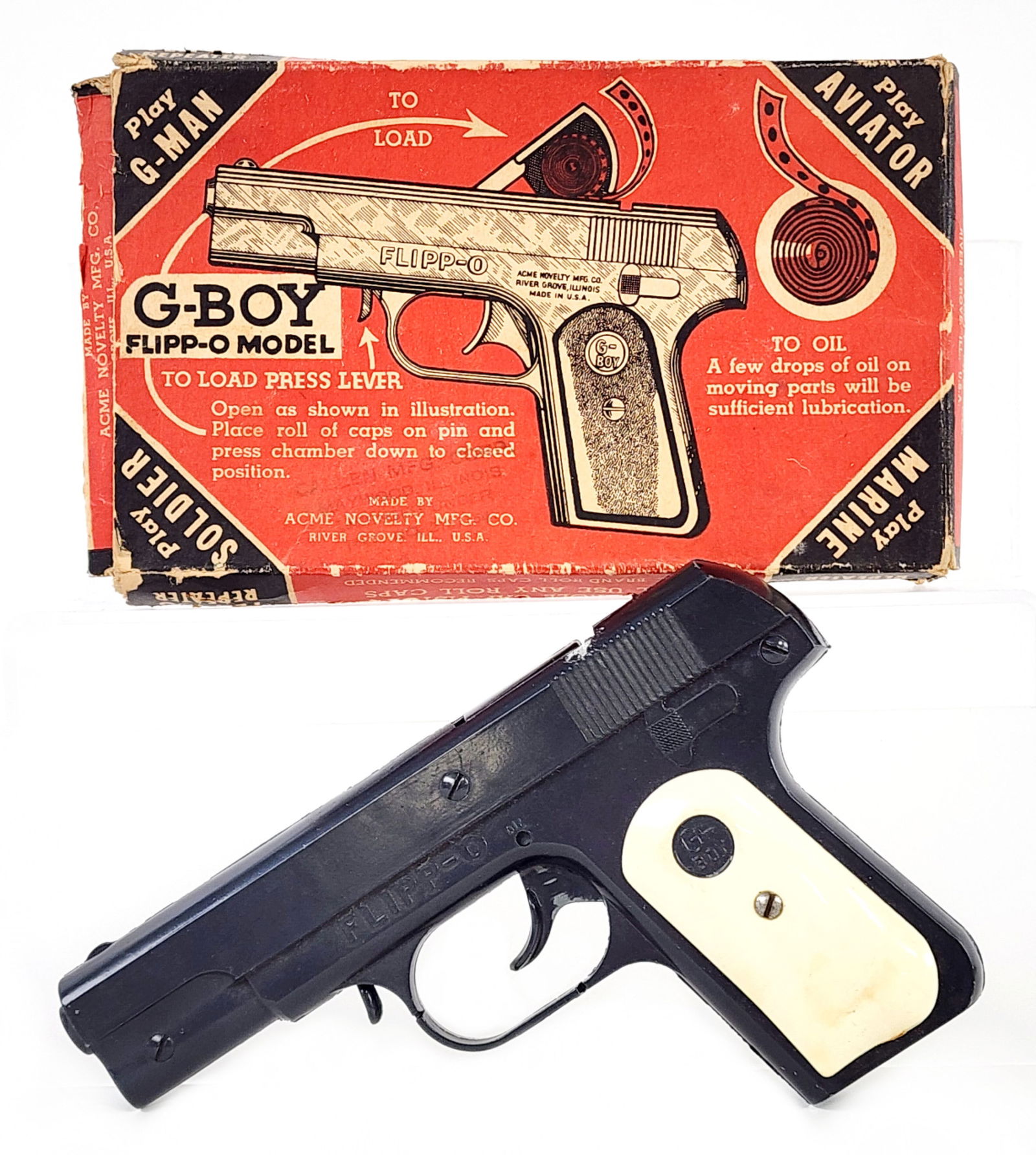 Acme G-Boy Flipp-O Model Cap Gun Pistol w/ Box: Acme G-Boy Flipp-O Model cap gun pistol with the original box. The gun has some corrosion by the hammer. The grips of the gun has some scuff marks. The box has some tape repairs and wear / tear from a