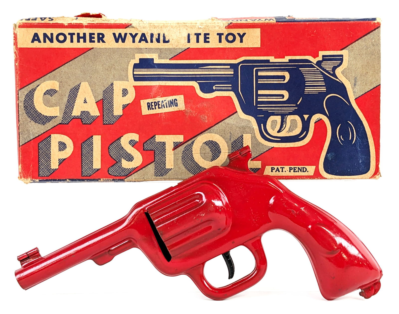 Wyandotte Cap Gun Pistol w/ Box: Wyandotte Toys cap gun pistol with the original box. The gun has some scuff marks and box rubs, but appears to function as it should. The box has some peeling and wear from age / storage. It does have