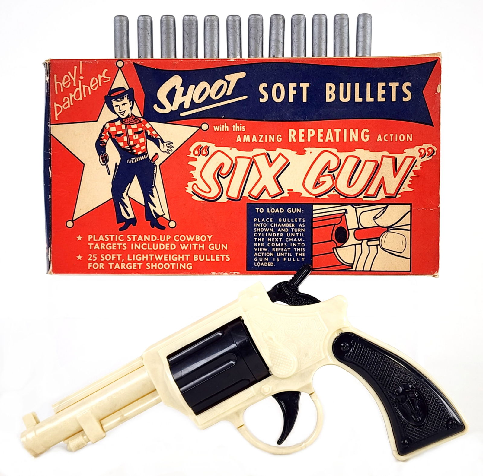 Ray Plastic Inc. "Six Gun" Revolver w/ Box: Ray Plastic Inc. "Six Gun" revolver with the original box. The gun comes with 12 of the original lightweight bullets. The gun is in good working order and still has the instruction label on the right
