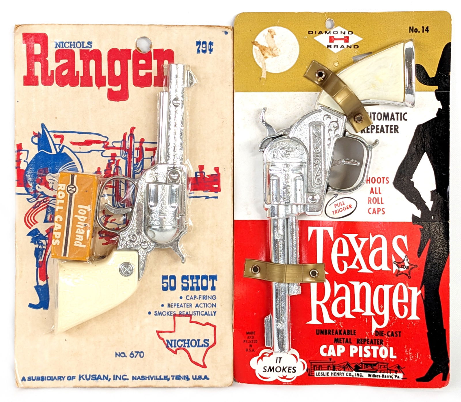 Leslie-Henry Texas Ranger & Nichols Ranger Cap Guns New On Cards: Leslie-Henry Texas Ranger cap gun new on card and Nichols Ranger cap gun new on card. Both are in excellent condition with some light wear to the cards. The Texas Ranger has some price tag sticker pee