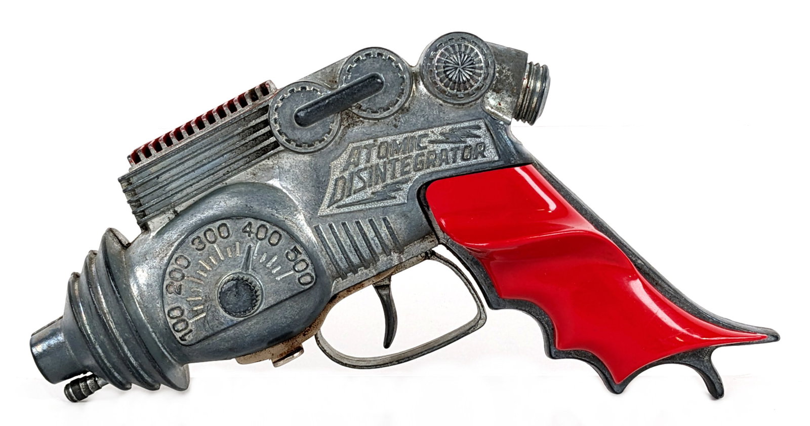 Hubley Atomic Disintegrator Space Gun Cap Pistol: Hubley Atomic Disintegrator space gun cap pistol. The pistol appears to work as it should. The cap tray slides out and shows some corrosion from use. The grips have a little play in them. Overall disp