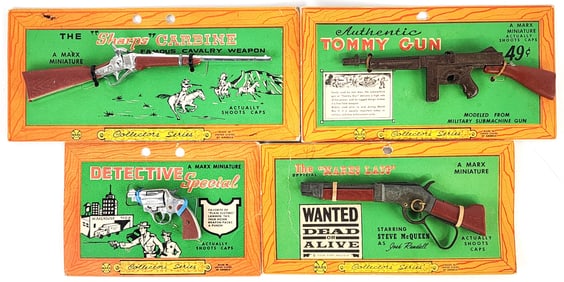 Marx Tommy Gun, Mares Laig, Detevtive Special, and Sharps Carbine Miniature Cap Guns
