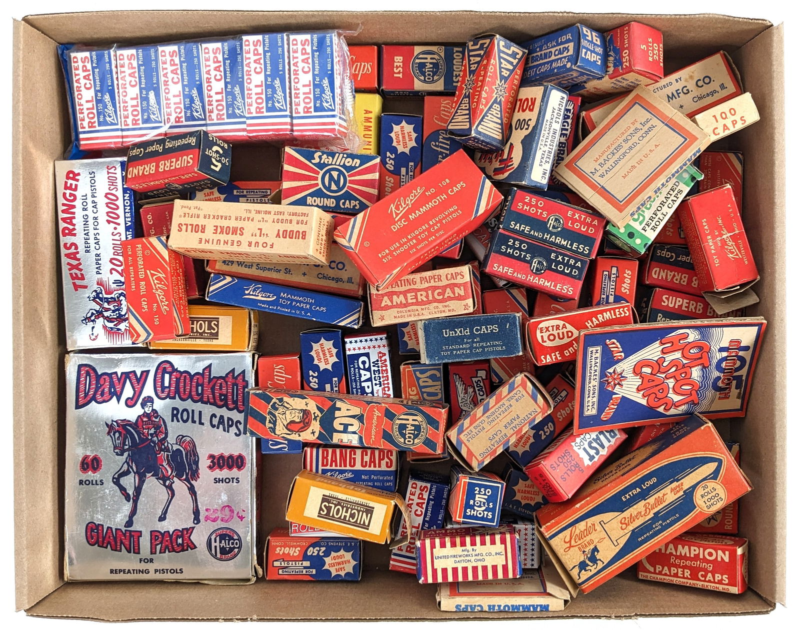 Large Lot Of Cap Gun Roll Caps: Large lot of cap gun roll caps in boxes. Makers include Kilgore, Halco, Nichols, Esquire, and more. Condition and age vary.