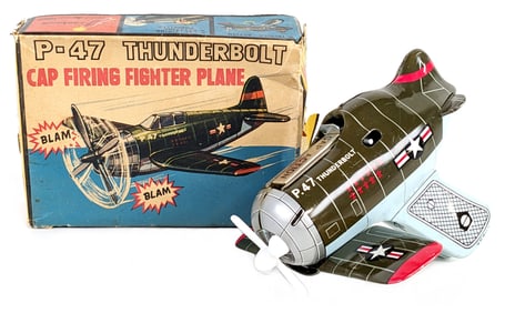 Japan Tin P-47 Thunderbolt Cap Firing Fighter Plane w/ Box