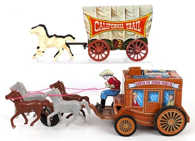Tin Friction Cap Action Santa Fe Stage Coach & California Trail Covered Wagon