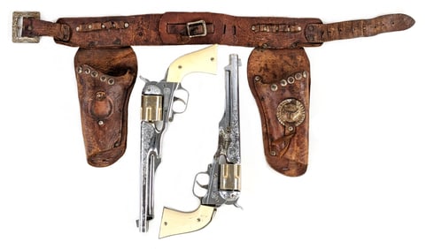 (2) Hubley Colt .45 Cap Guns w/ Leather Holster