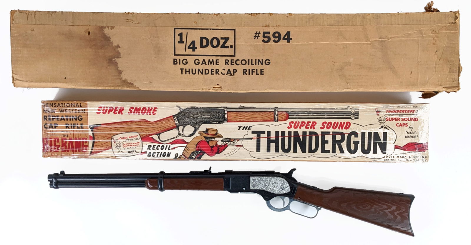 Marx Thundergun Cap Rifle w/ Box & Shipping Box: Marx Thundergun cap rifle with the original box and shipping container box. The gun is in excellent condition and appears to work as it should. The box was wrapped in plastic to help preserve it. It s