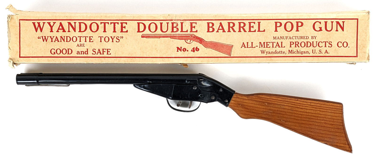 Wyandotte Double Barrel Pop Gun w/ Box: Wyandotte double barrel break action pop gun with the original box. The gun appears to work as it should. The box is missing all of the end flaps. Measures 22" long.