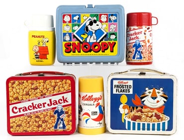 Kellogg's, Cracker Jack, and Snoopy Lunchboxes w/ Thermoses