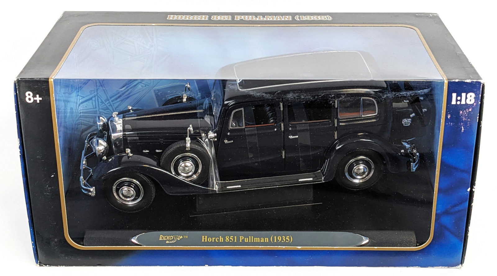 1/18 Ricko 1935 Horch 851 Pullman: 1/18 Scale die-cast Ricko 1935 Horch 851 Pullman limousine car in the box. The car is new in the box. The box shows some minor wear from storage.