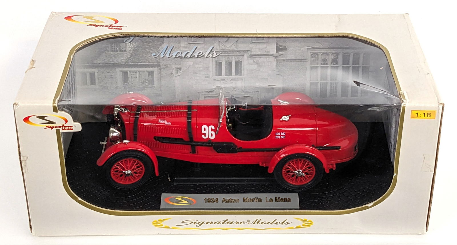 1/18 Scale Signature Models 1934 Aston Martin Le Mans: 1/18 Scale die-cast 1934 Aston Martin Le Mans car replica. Good condition in the box. The box has light wear from storage / handling.
