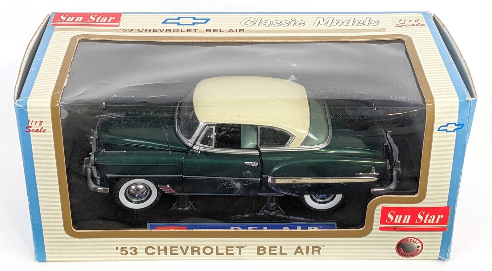 1/18 Scale Sun Star 1953 Chevrolet Bel Air: 1/18 Scale die-cast Sun Star 1953 Chevrolet Bel Air with hard top. The car is in good condition in the box. The box has some wear from storage and handling.