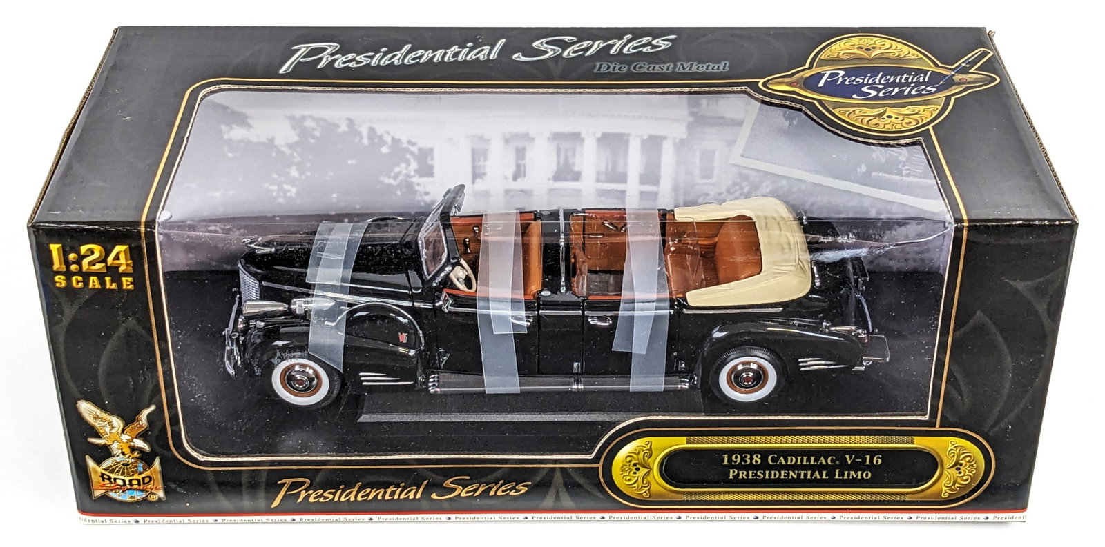 1/24 Scale Presidential Series 1938 Cadillac V-16 Presidential Limo: 1/24 Scale die-cast Road Signature Presidential Series 1938 Cadillac V-16 Presidential Limo. The car is in good condition new in the box.