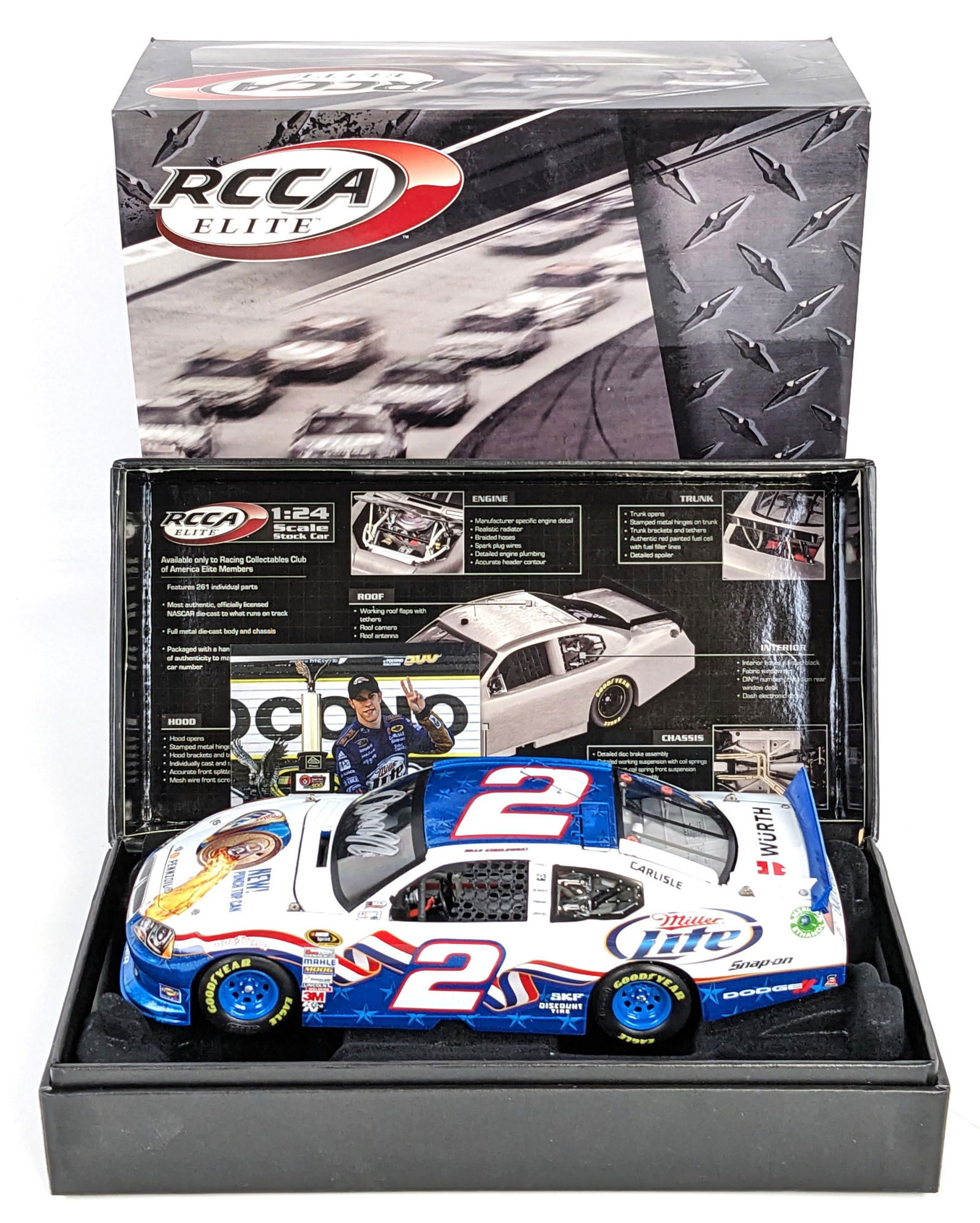 1/24 Scale Lionel Brad Keselowski #2 Miller Lite Red, White, and Blue Charger: 1/24 Scale die-cast Lionel RCCA Elite Brad Keselowski #2 Miller red, white, and blue 2012 Charger elite autographed. Limited edition 1 of 125. The car is signed on the windshield. It shows light dust