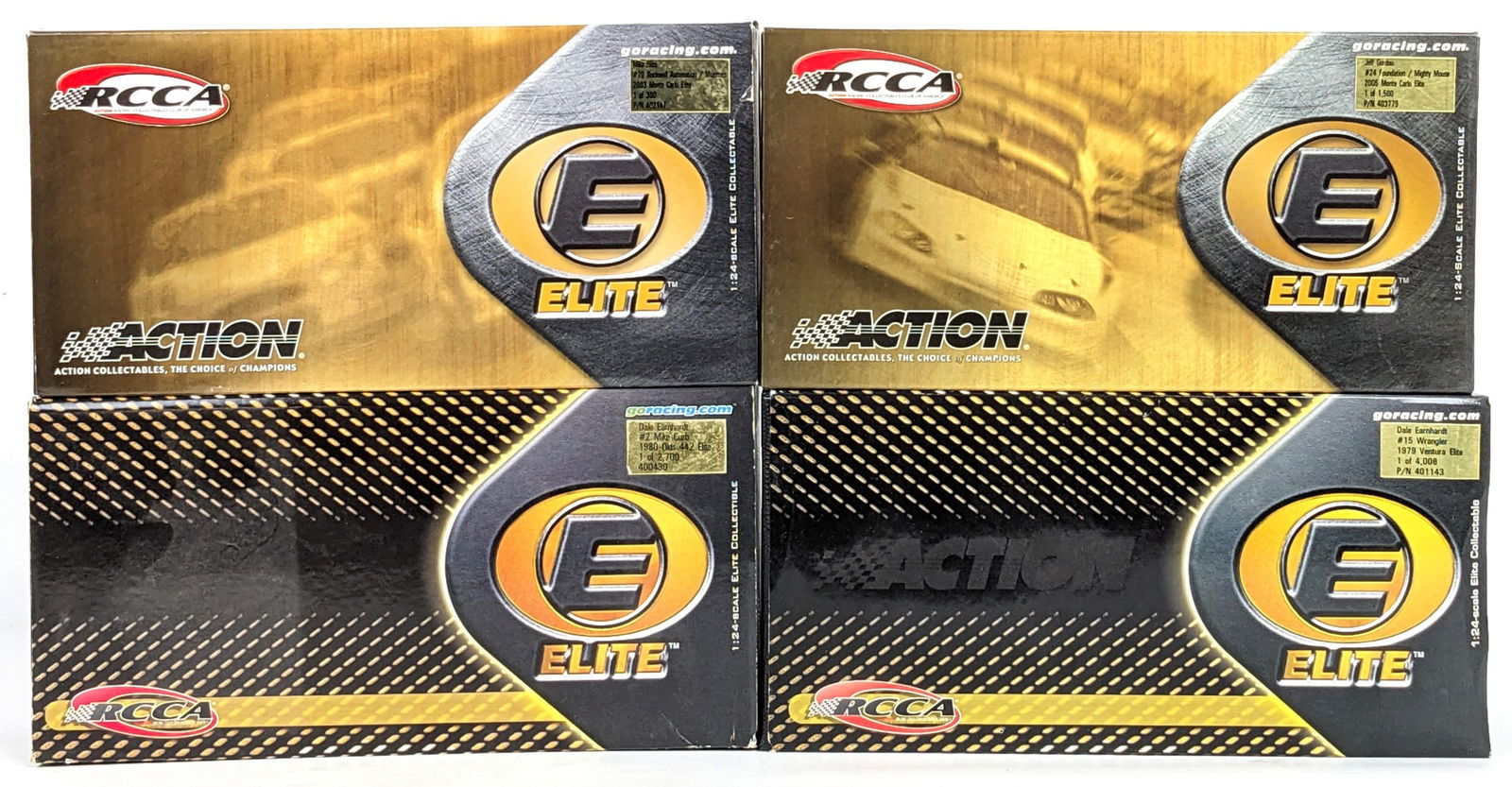 1/24 Scale Action Racing Dale Earnhardt, Jeff Gordon, Mike Bliss, and Dale Earnhardt Cars: 1/24 Scale Action RCCA Dale Earnhardt #15 Wrangler 1979 Ventura Elite 1 of 4,008, Jeff Gordon #24 Foundation / Mighty Mouse 2005 Monte Carlo Elite 1 of 1,500, Mike Bliss #20 Rockwell Automation / Mons