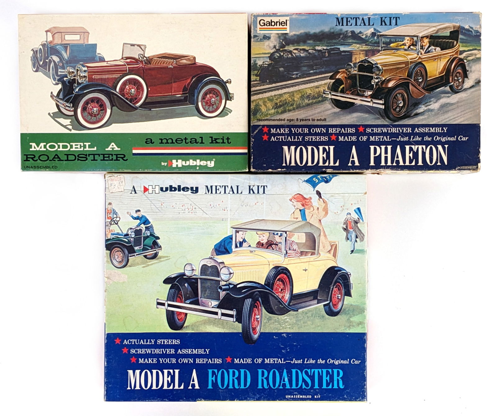 (2) Hubley Model A Ford Roadster & (1) Gabriel Model A Phaeton Unbuilt Model Kits: Lot includes an unbuilt Hubley Model A Ford Roadster, unbuilt Hubley Model A Roadster, and unbuilt Gabriel Model A Phaeton model kits. The kits are in new unbuilt condition in there original boxes.