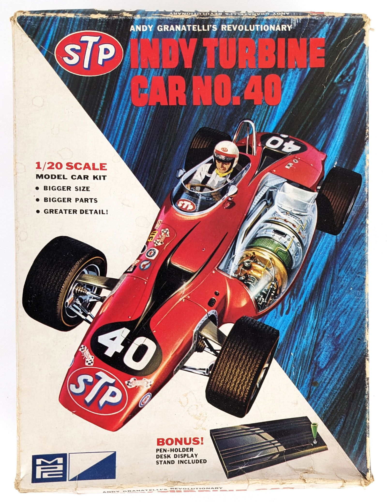 1/20 Scale MPC STP Indy Turbine Car No. 40 Model Kit: 1/20 Scale MPC STP Indy Turbine Car No. 40 model kit in the original box. Most of the pieces are on the sprues, however some came loose from storage / handling. It comes with the instructions and a re