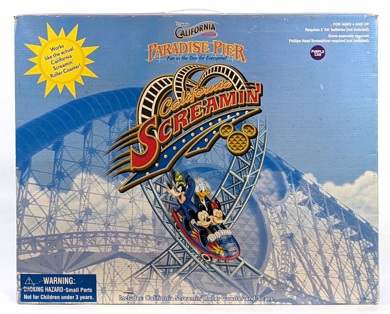 Disney's California Adventure Paradise Pier Roller Coaster: Disney's California Adventure Paradise Pier roller coaster display replica. The roller coaster is unassembled and new in the box. The box does have some water damage on the back side and wear from sto