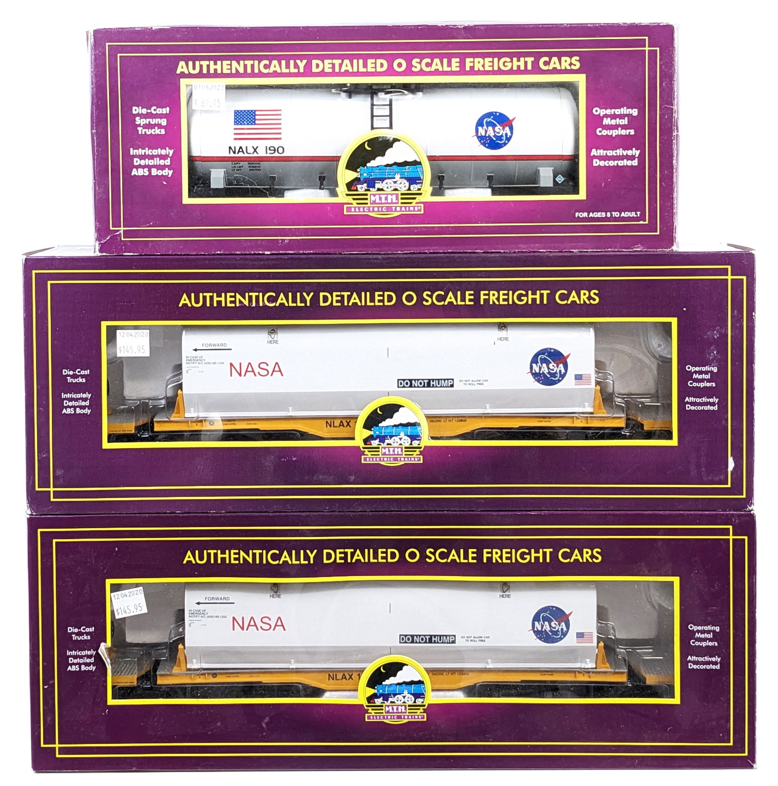 MTH NASAa Tank Car, Flat Car w/ Center Rocket Segment, & Flat Car w/ Exit & Nose Cone (1 of 6)