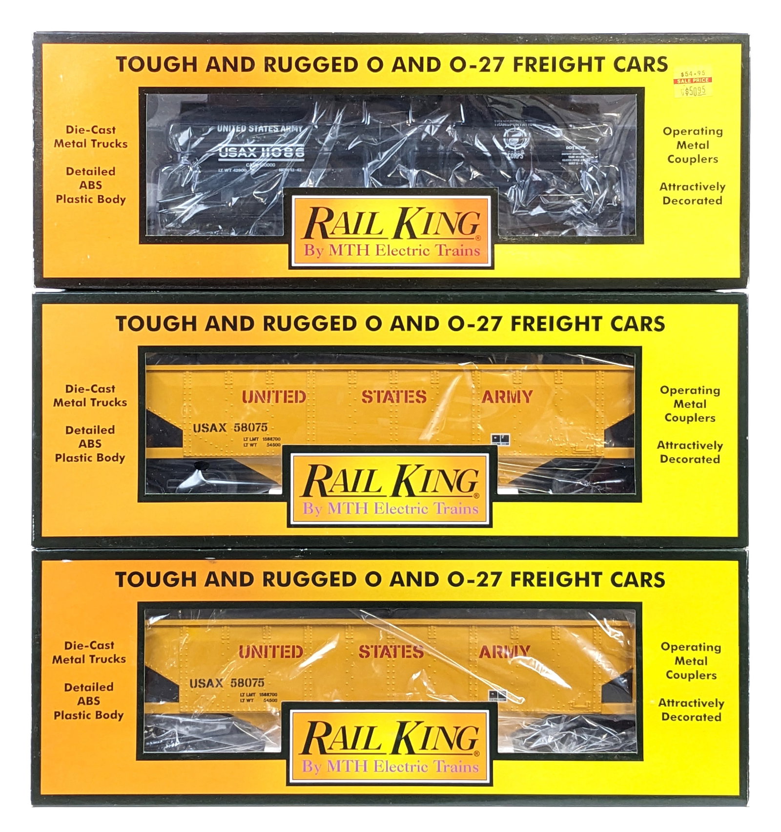(3) MTH U.S. Army Cars: (3) MTH U.S. Army cars. Includes (2) U.S. Army 4-bay hopper car with coal load and U.S. Army tank car (#30-73411). Boxes show light wear from storage.