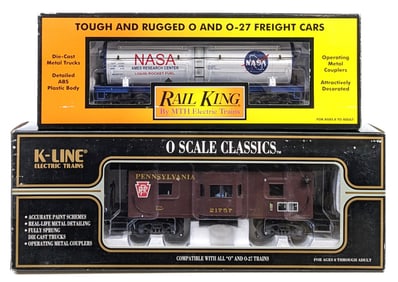 MTH NASA 3-Dome Tank Car & K-Line PRR Bay Window Caboose w/ Smoke Unit