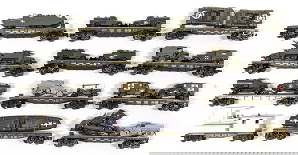 Geller Toy Trains Flat Cars w/ Military Loads: O Gauge Geller toy trains flat cars loaded with military vehicles. They show does and wear from storage / display.