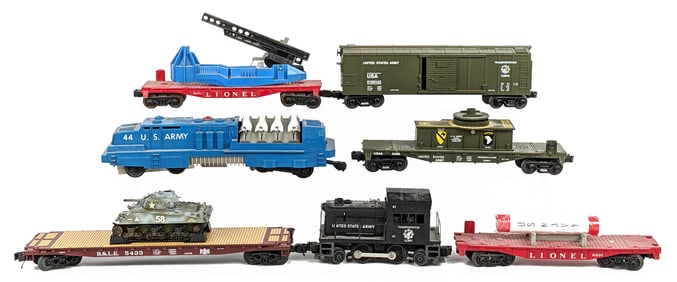 Lionel U.S. Army 44 Missile Launcher, U.S. Army Switcher, & Train Cars