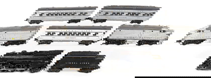 Lionel Union Pacific 2023 Diesel Units, 675 2-6-2 Engine w/ Tender, & Passenger Cars: Lionel Union Pacific 2023 diesel units alco units, Lionel #675 2-6-2 diesel engine with tender, #2421 Maplewood passenger car, #2422 Chatham passenger car, and #2423 Hillside observation car. The Alco