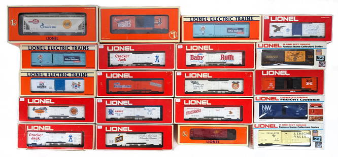 (20) Boxed Lionel Train Cars: (20) Boxed Lionel train cars. The cars include Miller reefer car #9852, Norfolk & Western box car #9771, Rice Krispies billboard reefer #19531, Wheaties box car #26257, G.M. gold medal hopper #17170,