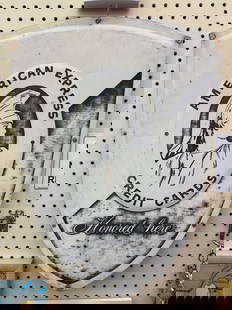 Vintage DST American Express Embossed Shield Sign: Vintage double sided metal American Express Credit Cards embossed shield advertising sign. It features two embossed single sided metal signs . Has paint loss, fading, and other wear from use and age.