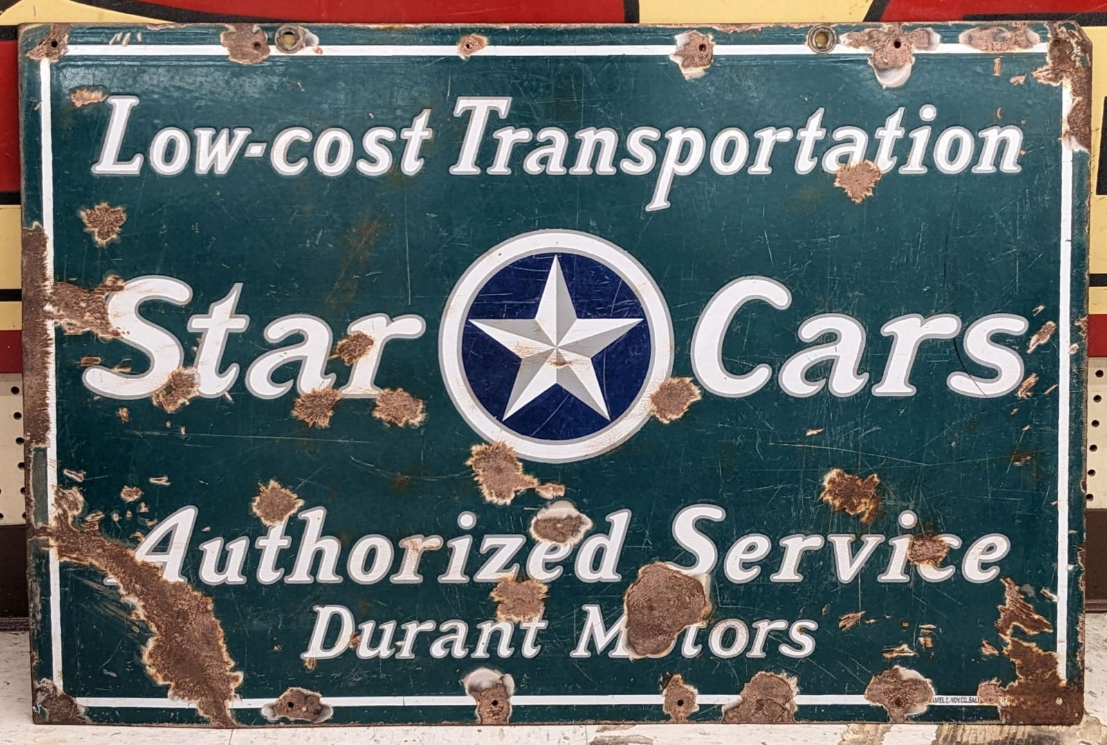 Vintage DSP Durant Motors Star Cars Adv Sign: Vintage double sided porcelain Durant Motors Star Cars advertising sign. Has porcelain loss, scratches, and other wear from use and age. It measures approximately 3ft across by 2ft tall.