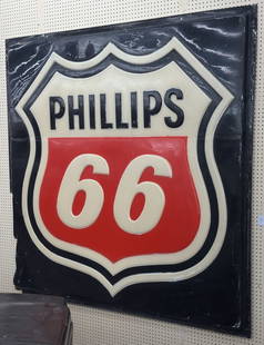 7ft Phillips 66 Embossed Plastic Adv Sign: Large single sided embossed plastic Phillips 66 advertising sign. Has damage to the left bottom corner, discoloration, and other wear from use and age. Measures approx 7ft tall.