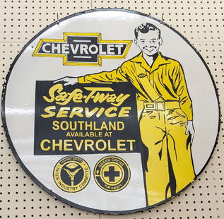 SSP Chevrolet Safe-T-Way Service Fantasy Sign: Single sided porcelain Chevrolet Safe-T-Way Service contemporary fantasy sign. Has some porcelain loss and wear. Displays well with great graphics. Measures approximately 30in in diameter.