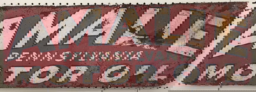 Vintage SST Amalie Motor Oil Advertising Sign: Vintage single sided tin Amalie Motor Oil advertising sign. Has flaking paint, rust, and other wear from age. Still displays well. Measures approximately 35in across by 12in falls