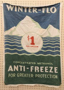 Vintage Winter-Flo Anti-Freeze Cloth Adv Banner: Vintage Winter-Flo Anti-Freeze cloth advertising banner. Has some fading , discoloration, fraying edges, and other wear from use and age. Displays well with great graphics. It measures approximately 4